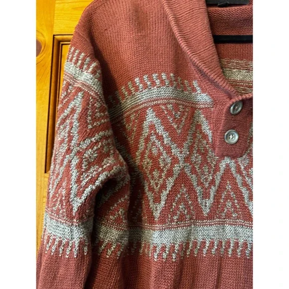 Banana Republic Italian Linen Shawl Collar Sweater XL Rust Orange Geometric Knit - Picture 2 of 7